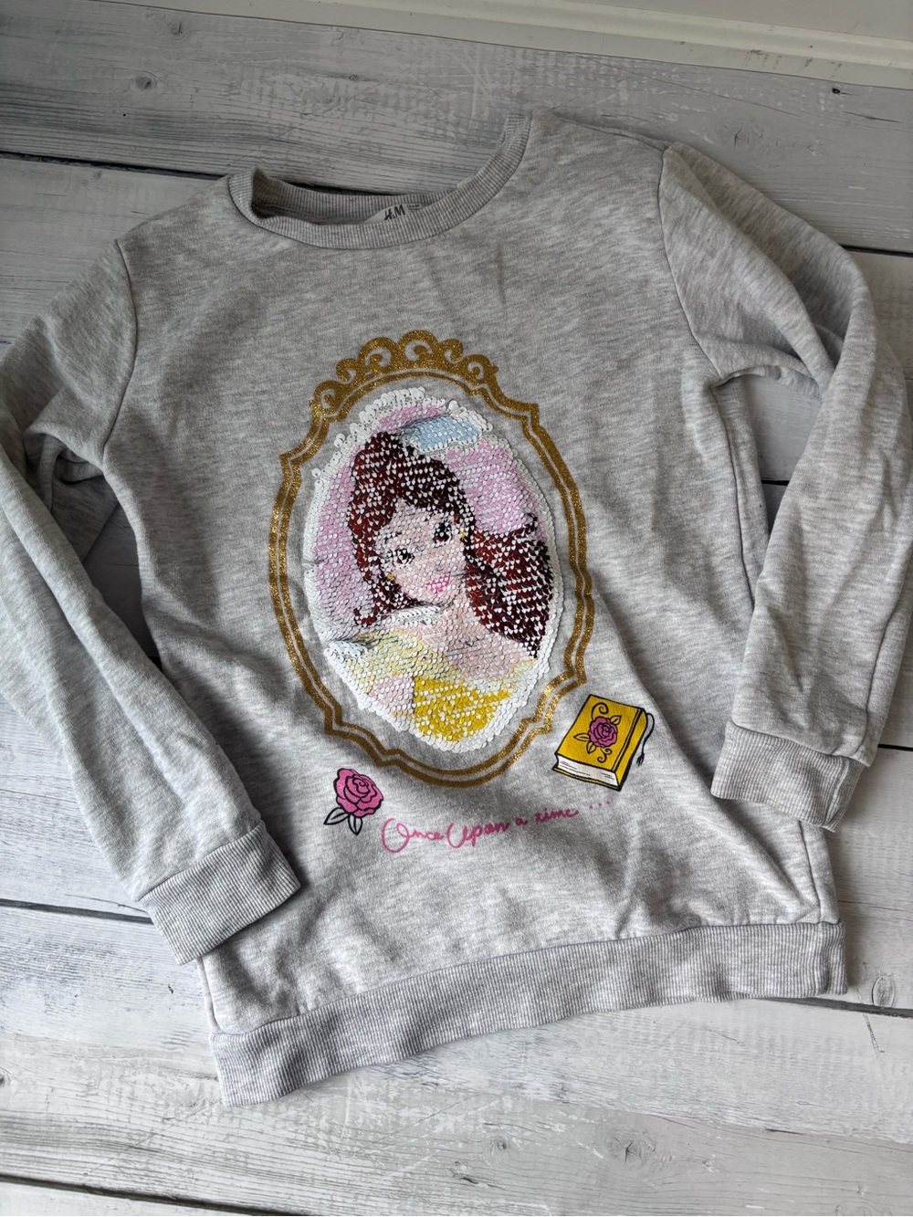 H&M Light Gray Sequin Princess Crewneck Sweatshirt